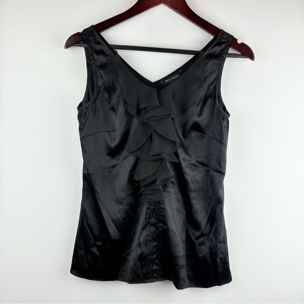 White House Black Market Womens Silk Top Black Sleeveless Ruffle Trim XXS Chic